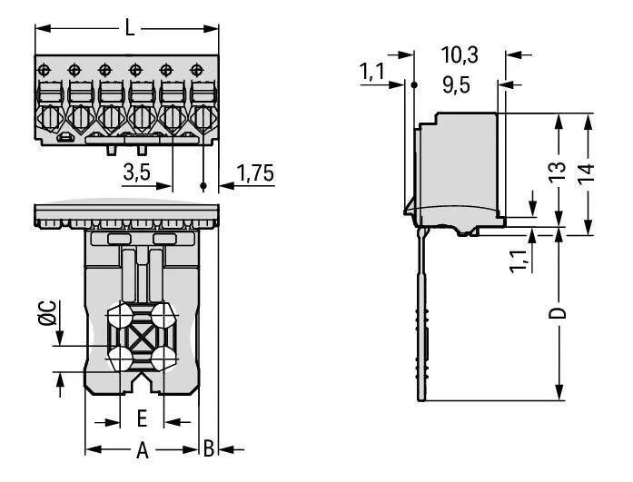 2091-1106/000-1000 WAGO Conector hembra para 1 conductor; Tecla; Push-in CAGE CLAMP®; 1,5 mm²; Paso 3,5 mm; 6 polos; Placa anti-tirón; impresión directa; 1,50 mm²; gris claro