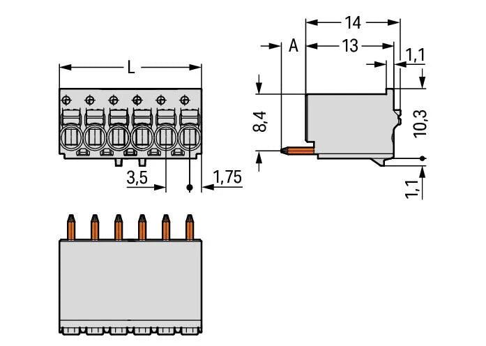 2091-1152 WAGO Conector hembra THT de 1 conductor recto; Tecla; Push-in CAGE CLAMP®; 1,5 mm²; Paso 3,5 mm; 2 polos; Pin soldable 1 mm; Placa anti-tirón; impresión directa; 1,50 mm²; gris claro