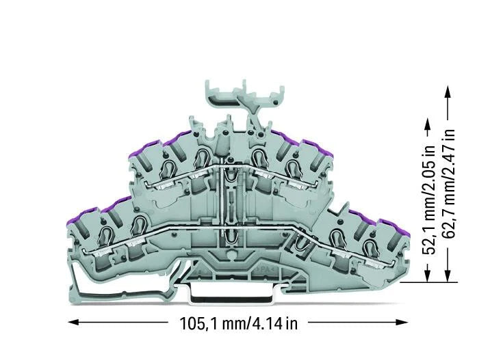 2002-2438 WAGO Borna de doble piso 4 conductores; Borna de paso para 8 conductores; L; con porta-etiquetas; puenteo interno; Introducción del conductor con impresión violeta; Push-in CAGE CLAMP®; 2,50 mm²; gris