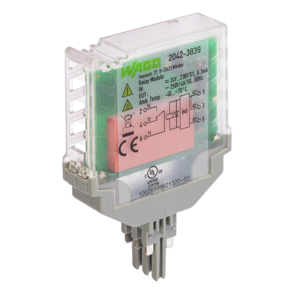 2042-3839 WAGO Módulo con relé; Tensión nominal de entrada 24V ‚¬¦ 230V AC/DC; 1 inversor; Corriente permanente límite 4 A; Indicador de estados, verde; 15 mm ancho de montaje
