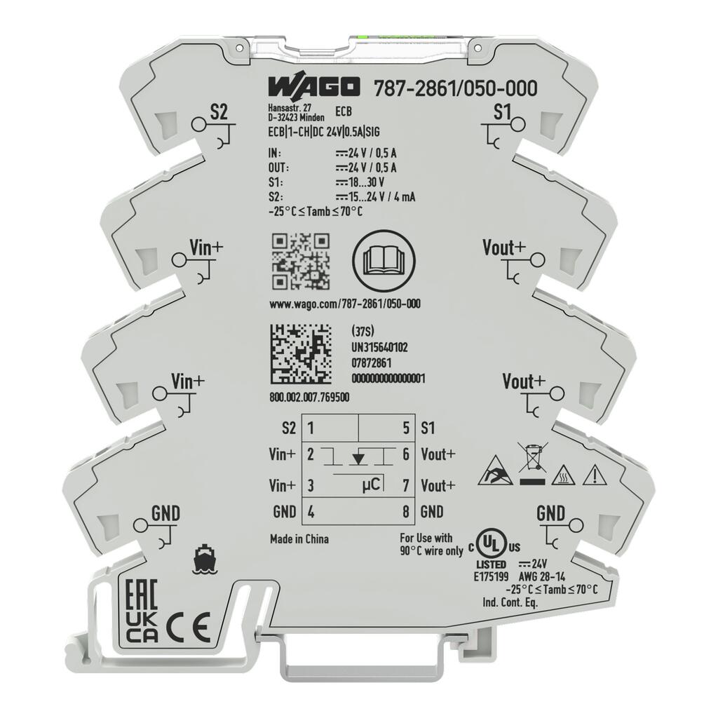 787-2861/050-000 WAGO Interruptor electrónico; 1 canal; Tensión de entrada 24V DC; 0,5 A; Contacto libre de potencial