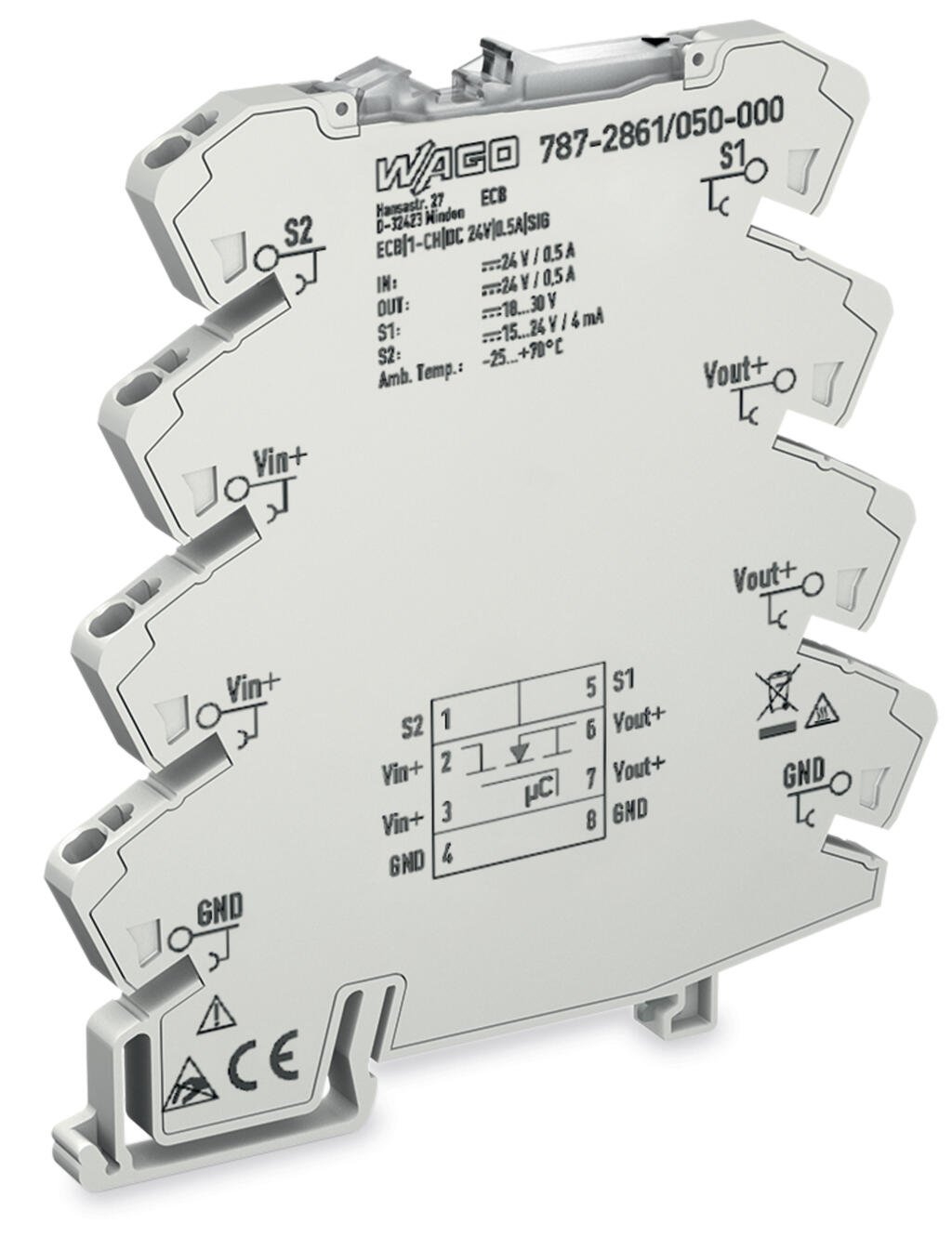 787-2861/050-000 WAGO Interruptor electrónico; 1 canal; Tensión de entrada 24V DC; 0,5 A; Contacto libre de potencial
