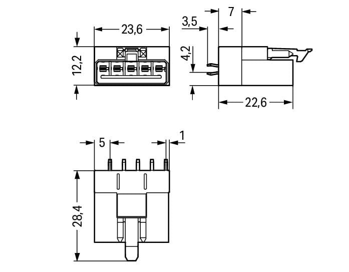 890-855 WAGO Conector para placas de circuito impreso; 5 polos; Gris