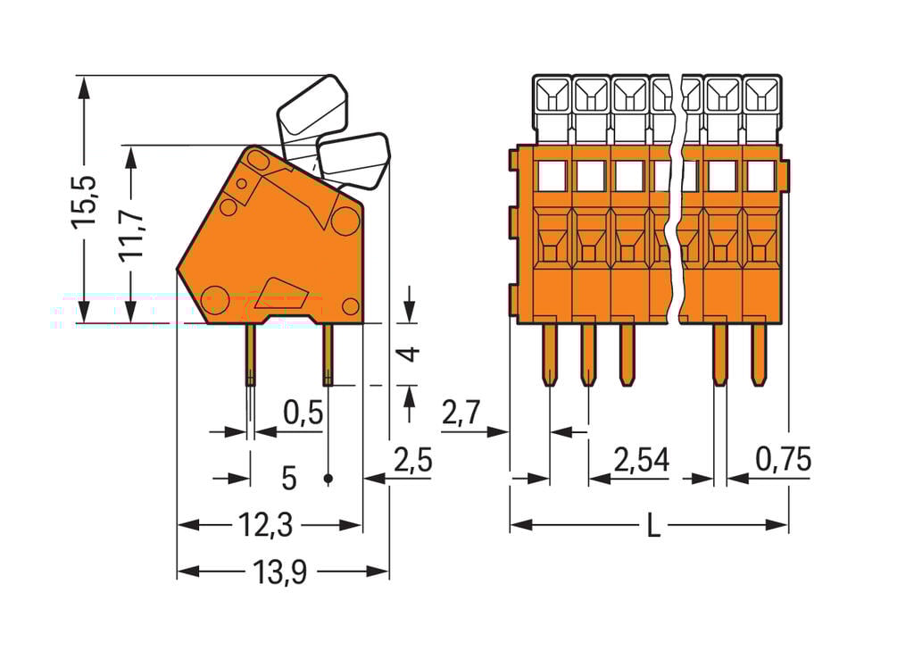 233-506 WAGO Borna para placas de circuito impreso; 6 polos; Naranja