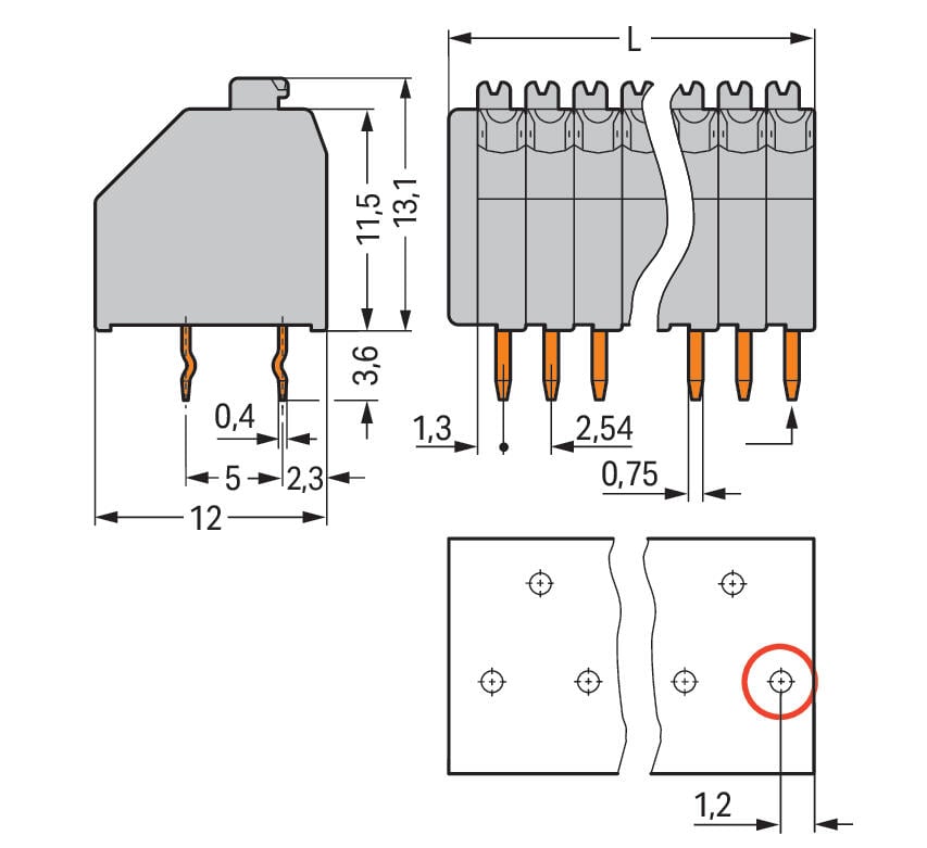 250-1404/000-012 WAGO Borna para placas de circuito impreso; 4 polos; Naranja