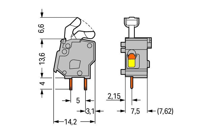 257-853 WAGO Borna para placas de circuito impreso apilable; 1 polo; Gris claro