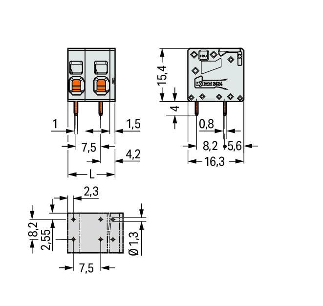 2624-1305 WAGO Borna para placas de circuito impreso; 3 polos; Gris