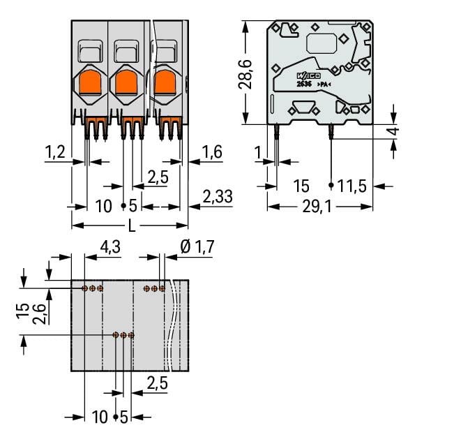 2636-1112/020-000 WAGO Borna para placas de circuito impreso; 12 polos; Gris