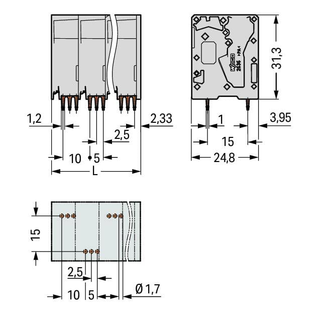2636-3112/020-000 WAGO Borna para placas de circuito impreso; 12 polos; Gris