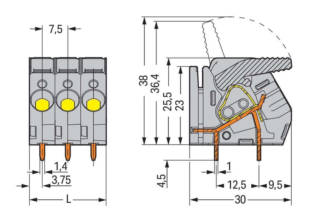 2706-155 WAGO Borna para placas de circuito impreso; 5 polos; Gris