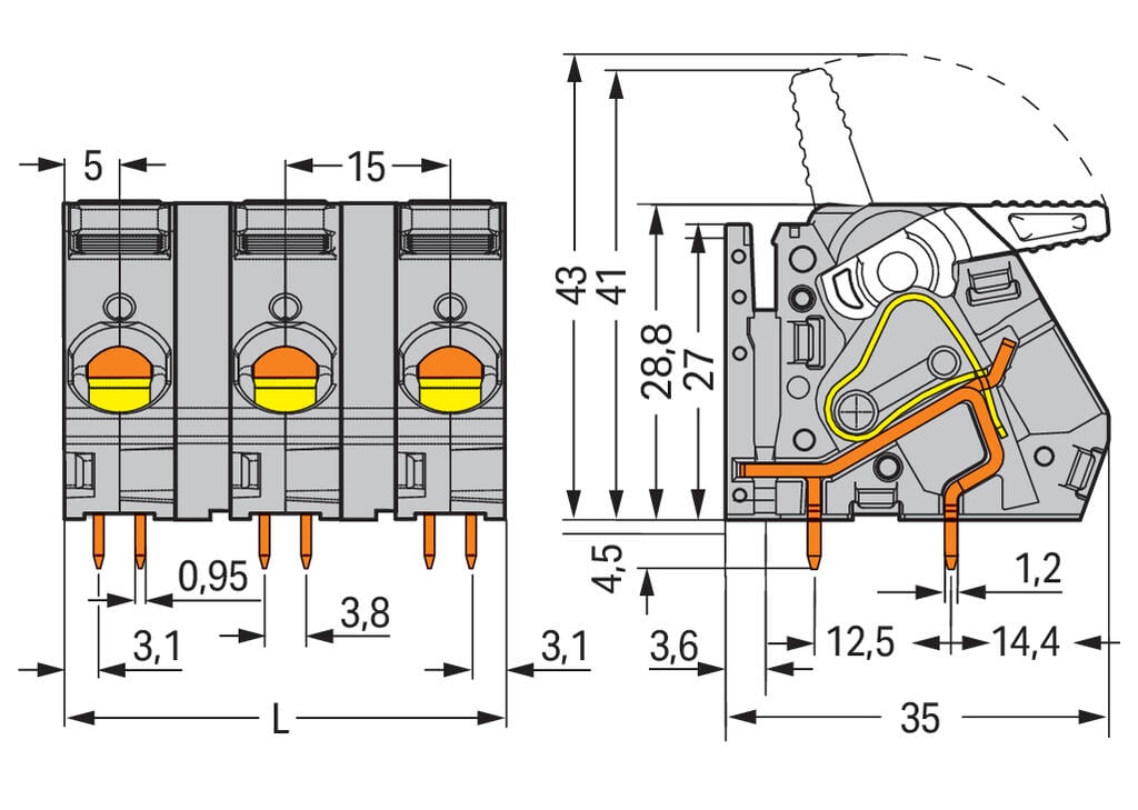 2716-253 WAGO Borna para placas de circuito impreso; 3 polos; Gris