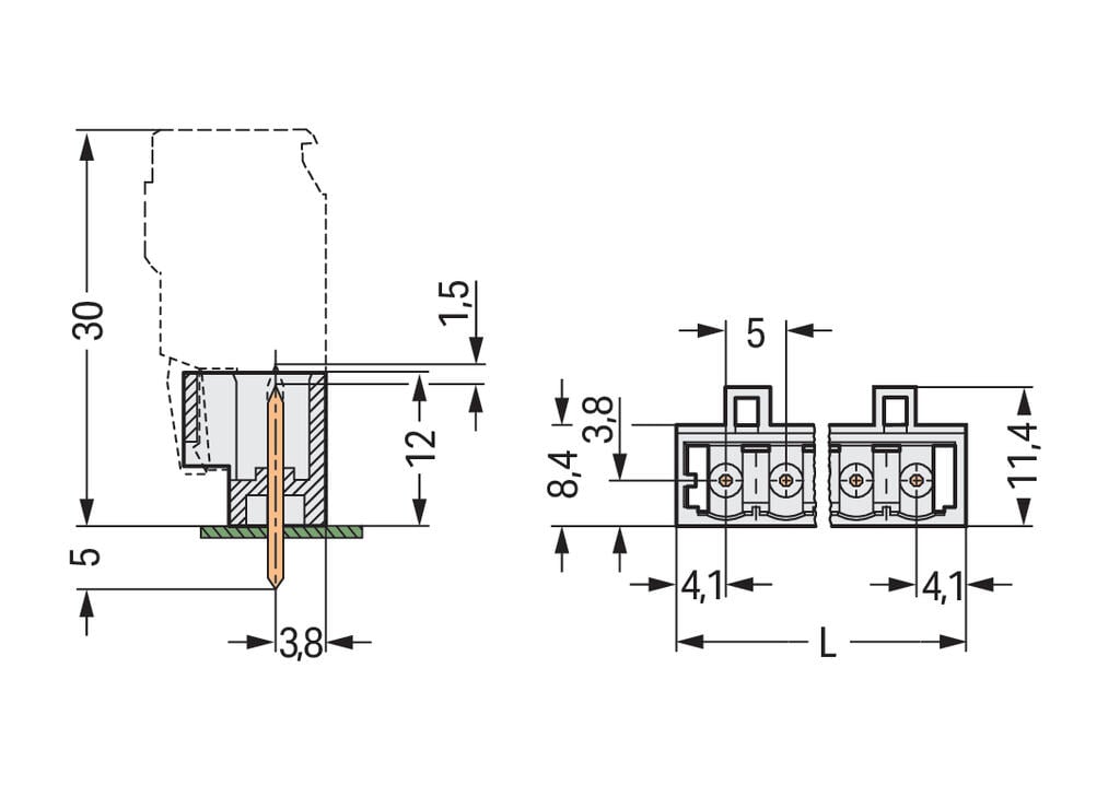 721-180/001-000 WAGO Conector macho THT; Pin soldable de 1,2 x 1,2 mm; recta; Paso 5 mm; 20 polos; Gris claro