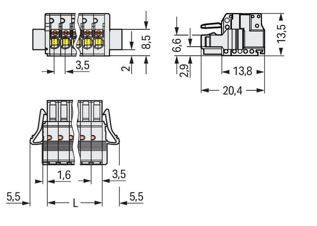 2734-106/037-000 WAGO Conector hembra para 1 conductor; 6 polos; Gris claro