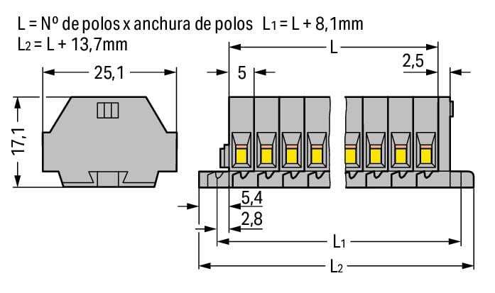 260-106 WAGO Regleta de bornas para 2 conductores; 6 polos; Gris