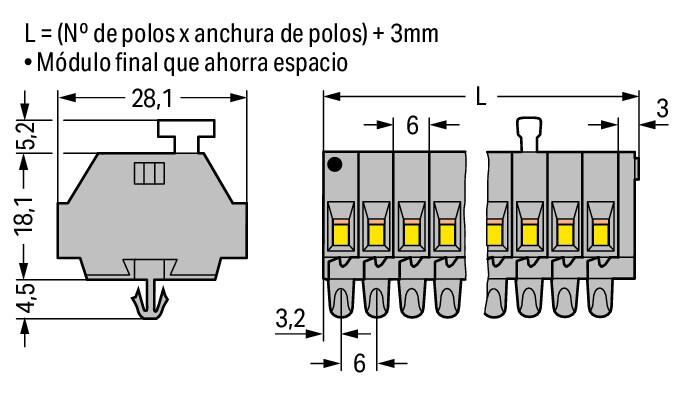 261-154/331-000 WAGO Regleta de bornas para 2 conductores; 4 polos; Gris