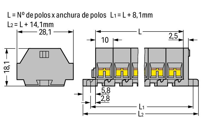 261-205 WAGO Regleta de bornas para 4 conductores; 5 polos; Gris
