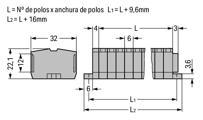 264-106 WAGO Regleta de bornas para 2 conductores; 6 polos; Gris