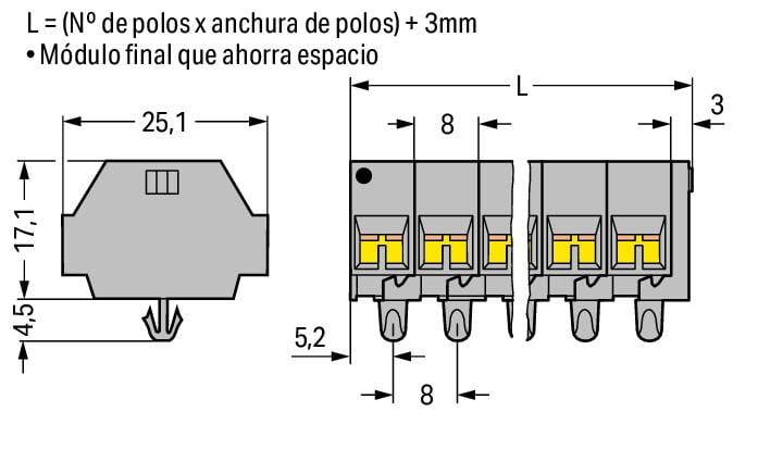 260-253 WAGO Regleta de bornas para 4 conductores; 3 polos; Gris