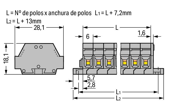 261-426 WAGO Regleta de bornas para 2 conductores; 6 polos; Gris