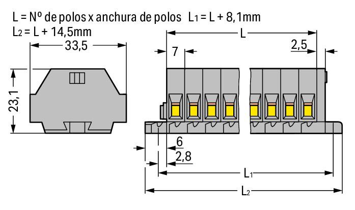 262-103 WAGO Regleta de bornas para 2 conductores; 3 polos; Gris