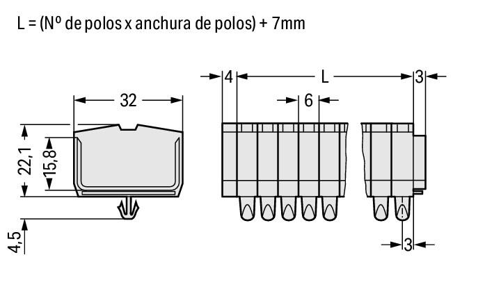264-186 WAGO Regleta de bornas para 2 conductores; 6 polos; Gris claro