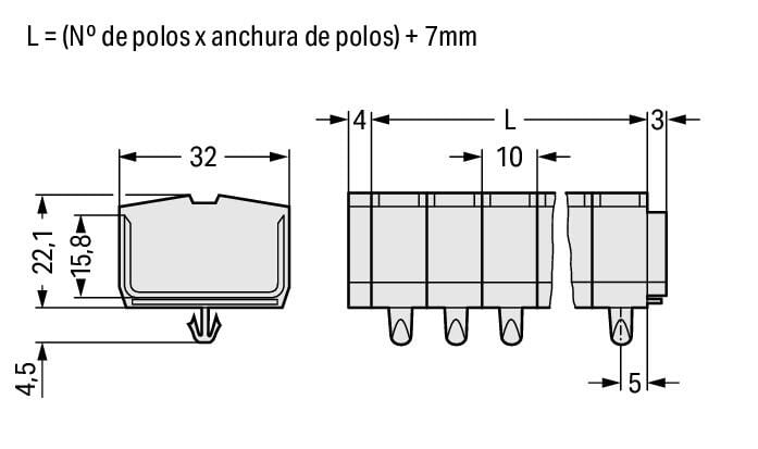 264-284 WAGO Regleta de bornas para 4 conductores; 4 polos; Gris claro