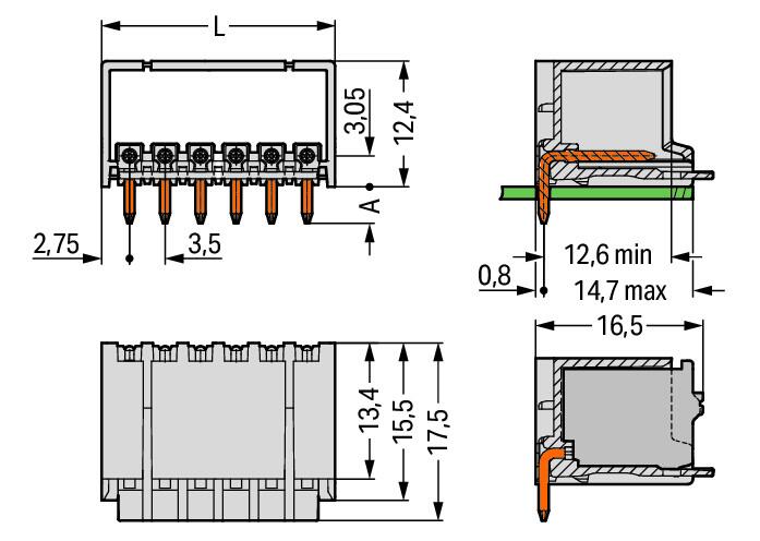 2091-1424/200-000 WAGO Conector macho THR; Pin soldable  1 mm; acodada; Paso 3,5 mm; 4 polos; gris claro
