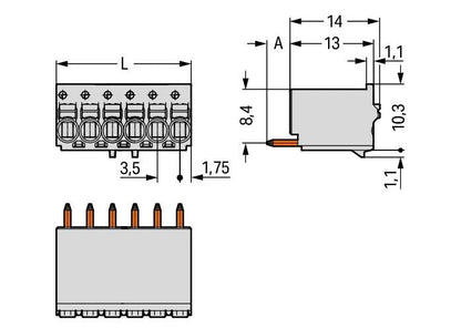 2091-1152 WAGO Conector hembra THT de 1 conductor recto; Tecla; Push-in CAGE CLAMP®; 1,5 mm²; Paso 3,5 mm; 2 polos; Pin soldable  1 mm; Placa anti-tirón; impresión directa; 1,50 mm²; gris claro