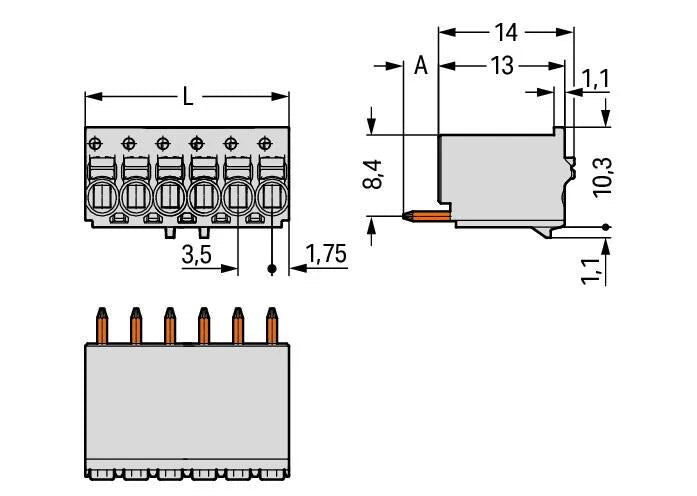 2091-1152 WAGO Conector hembra THT de 1 conductor recto; Tecla; Push-in CAGE CLAMP®; 1,5 mm²; Paso 3,5 mm; 2 polos; Pin soldable  1 mm; Placa anti-tirón; impresión directa; 1,50 mm²; gris claro