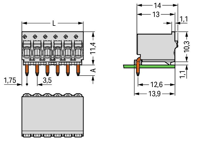 2091-1362 WAGO Conector hembra THT de 1 conductor en ángulo; Tecla; Push-in CAGE CLAMP®; 1,5 mm²; Paso 3,5 mm; 12 polos; Pin soldable  1 mm; Placa anti-tirón; 1,50 mm²; gris claro