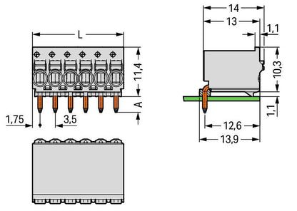 2091-1378/000-1000 WAGO Conector hembra THT de 1 conductor en ángulo; Tecla; Push-in CAGE CLAMP®; 1,5 mm²; Paso 3,5 mm; 8 polos; Pin soldable  1 mm; impresión directa; 1,50 mm²; gris claro