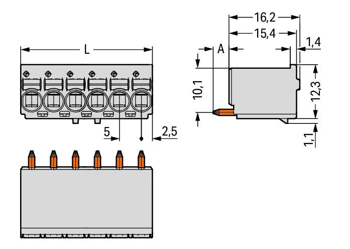 2092-1152 WAGO Conector hembra THT de 1 conductor recto; Tecla; Push-in CAGE CLAMP®; 2,5 mm²; Paso 5 mm; 2 polos; Pin soldable de 1,4 mm de diámetro; Placa anti-tirón; 2,50 mm²; gris claro