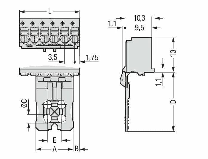 2091-1112/002-000 WAGO Conector hembra para 1 conductor; Tecla; Push-in CAGE CLAMP®; 1,5 mm²; Paso 3,5 mm; 12 polos; Placa antí­-tirón y desenclavador; 1,50 mm²; gris claro