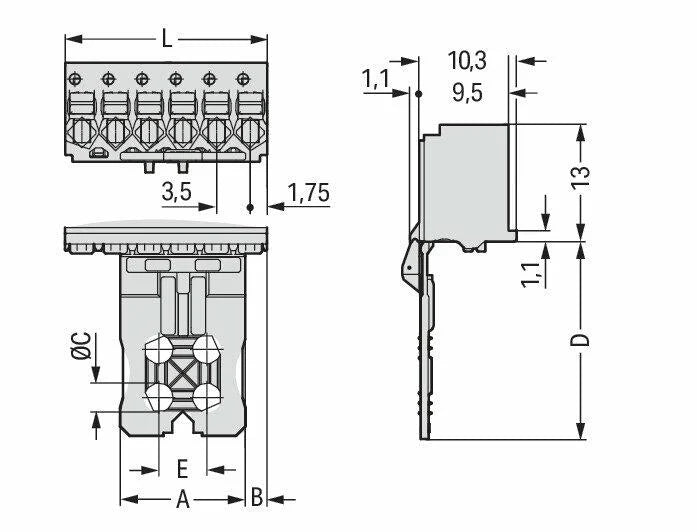 2091-1104/002-000 WAGO Conector hembra para 1 conductor; Tecla; Push-in CAGE CLAMP®; 1,5 mm²; Paso 3,5 mm; 4 polos; Placa antí­-tirón y desenclavador; 1,50 mm²; gris claro