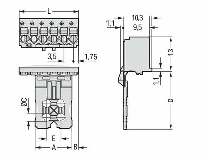 2091-1104/002-000 WAGO Conector hembra para 1 conductor; Tecla; Push-in CAGE CLAMP®; 1,5 mm²; Paso 3,5 mm; 4 polos; Placa antí­-tirón y desenclavador; 1,50 mm²; gris claro