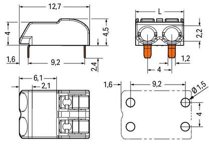 2060-1452/998-404 WAGO Borna p/ placas de circuito impreso THR; Tecla; 0,75 mm²; Paso 4 mm; 2 polos; Push-in CAGE CLAMP®; en la banda; 0,75 mm²; blanco