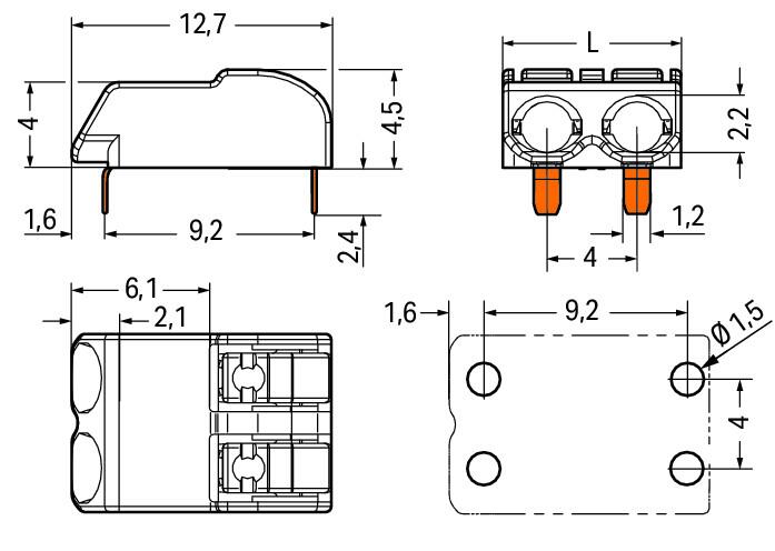 2060-1452/998-404 WAGO Borna p/ placas de circuito impreso THR; Tecla; 0,75 mm²; Paso 4 mm; 2 polos; Push-in CAGE CLAMP®; en la banda; 0,75 mm²; blanco