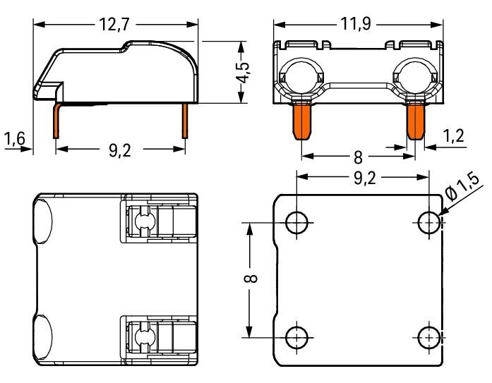 2060-1852/998-404 WAGO Borna p/ placas de circuito impreso THR; Tecla; 0,75 mm²; Paso 8 mm; 2 polos; Push-in CAGE CLAMP®; en la banda; 0,75 mm²; blanco