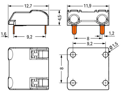 2060-1852/998-404 WAGO Borna p/ placas de circuito impreso THR; Tecla; 0,75 mm²; Paso 8 mm; 2 polos; Push-in CAGE CLAMP®; en la banda; 0,75 mm²; blanco