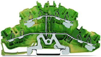 2002-2407 WAGO Borna de doble piso 4 conductores; Borna de tierra para 8 conductores; 2,5 mm²; Toma de tierra; Apropiado para aplicaciones Ex e II; sin porta-etiquetas; puenteo interno; Push-in CAGE CLAMP®; 2,50 mm²; verde-amarillo