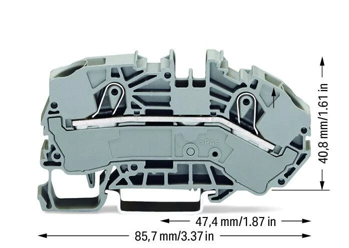 2016-7601 WAGO Borna distribuidora de alimentación de 2 conductores; 16 mm²; Marcaje lateral y central; para carril DIN 35 x 15 y 35 x 7,5; Push-in CAGE CLAMP®; 16,00 mm²; gris