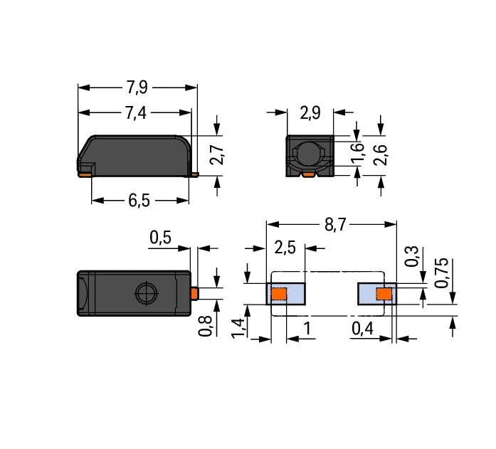 2059-321/998-403 WAGO Borna para placas de circuito impreso; 0.5 mm²; Paso 3 mm; 1 polo; PUSH WIRE®; en la banda; 0,50 mm²; negro