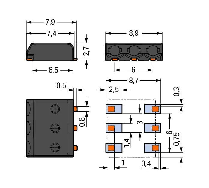2059-323/998-403 WAGO Borna para placas de circuito impreso; 0.5 mm²; Paso 3 mm; 3 polos; PUSH WIRE®; en la banda; 0,50 mm²; negro