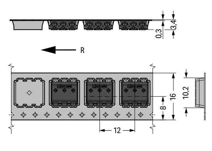 2059-323/998-403 WAGO Borna para placas de circuito impreso; 0.5 mm²; Paso 3 mm; 3 polos; PUSH WIRE®; en la banda; 0,50 mm²; negro
