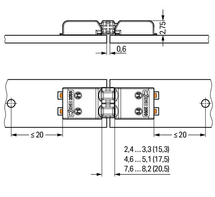 2059-902/021-000 WAGO Elemento de conexión; Paso 3 mm; 2 polos; Longitud 20,5mm; blanco