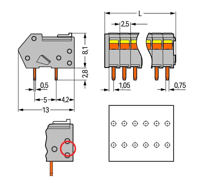 218-107 WAGO Borna para placas de circuito impreso