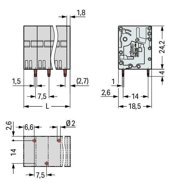 2626-3102/020-023 WAGO Borna para placas de circuito impreso; 2 polos