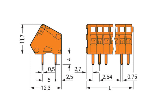 233-406 WAGO Borna para placas de circuito impreso; 6 polos; Naranja