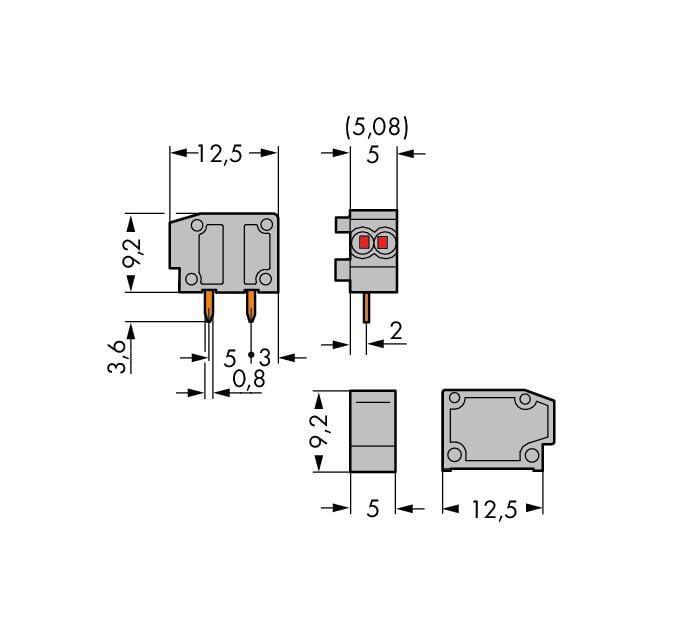 235-712 WAGO Borna para placas de circuito impreso apilable, 2 conductores; 1 polo; Gris oscuro