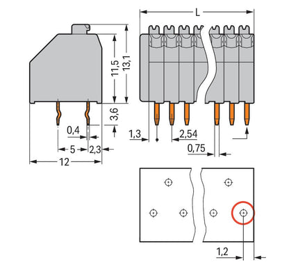 250-1404/000-012 WAGO Borna para placas de circuito impreso; 4 polos; Naranja